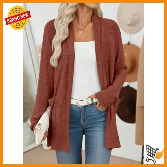 Lightweight Open Front Cardigan with Pockets - Long Sleeve Hip Length